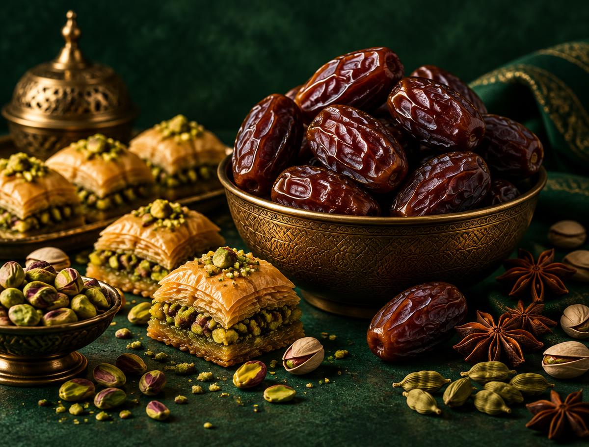 Datle Medjool, pistáciová baklava a orientální koření