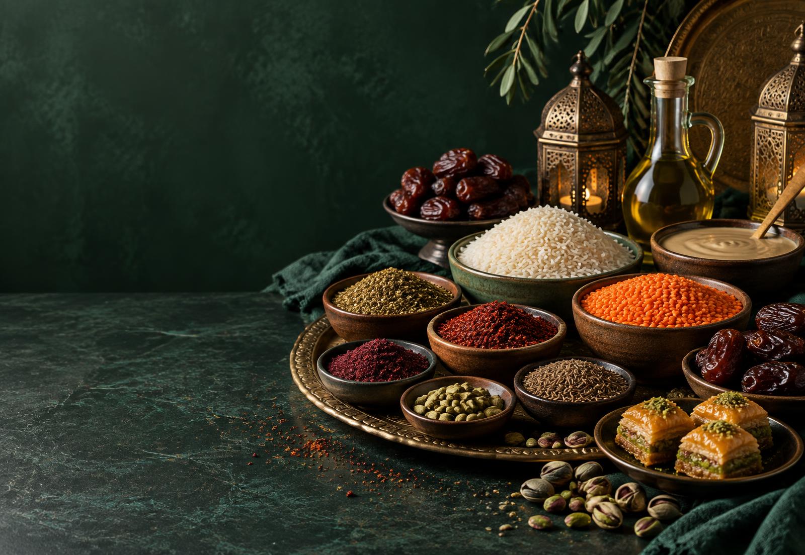 Výběr orientálního koření, rýže, datlí, baklavy a tahini TAIBA FOOD